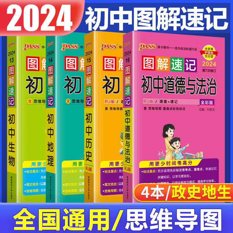 2024版图解速记初中地理生物历史政治（道德与法治）4本含中考真题七八九年级中考复习资料