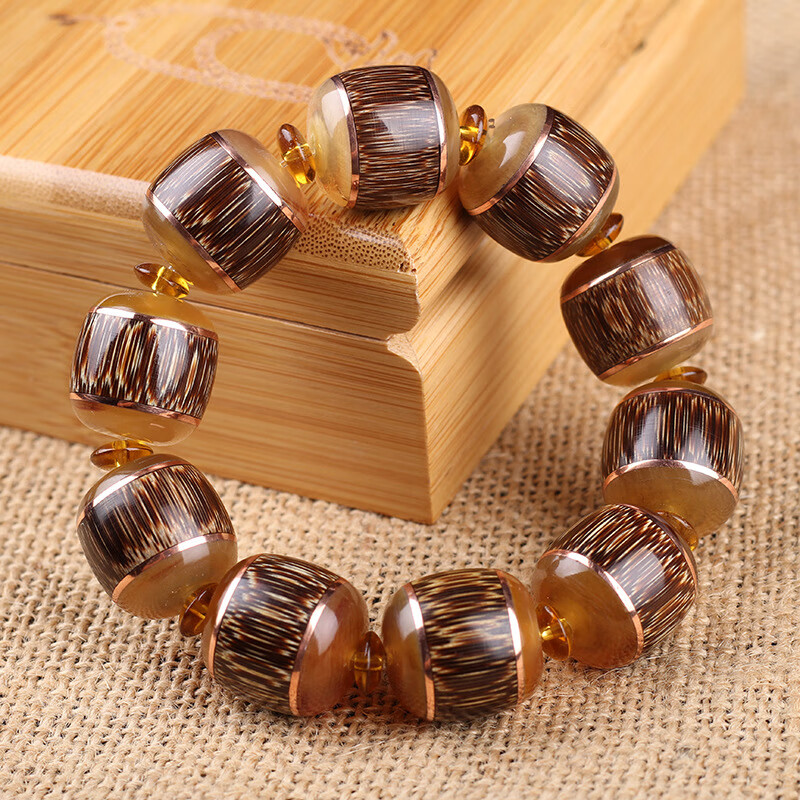 璀福银楼羊角镶竹手串天然打磨老楠竹金丝竹桶珠 镶款竹子筒珠 20mm左