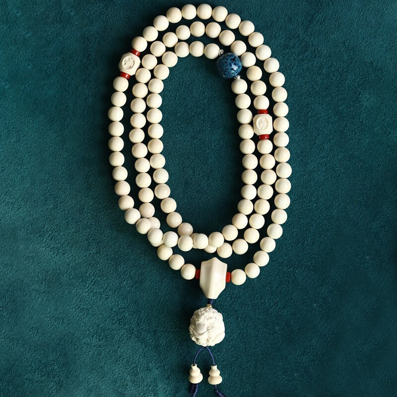 青鹊凰猛犸象牙貔貅抱球手串 女108颗8mm多圈佛珠文玩 猛犸貔貅抱球