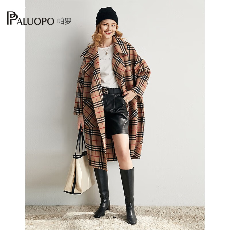 帕罗(PALUOPO)100%绵羊毛呢大衣双面外套格纹显瘦直筒阔版慵懒风女气质秋冬外搭 卡其 L 165/88A