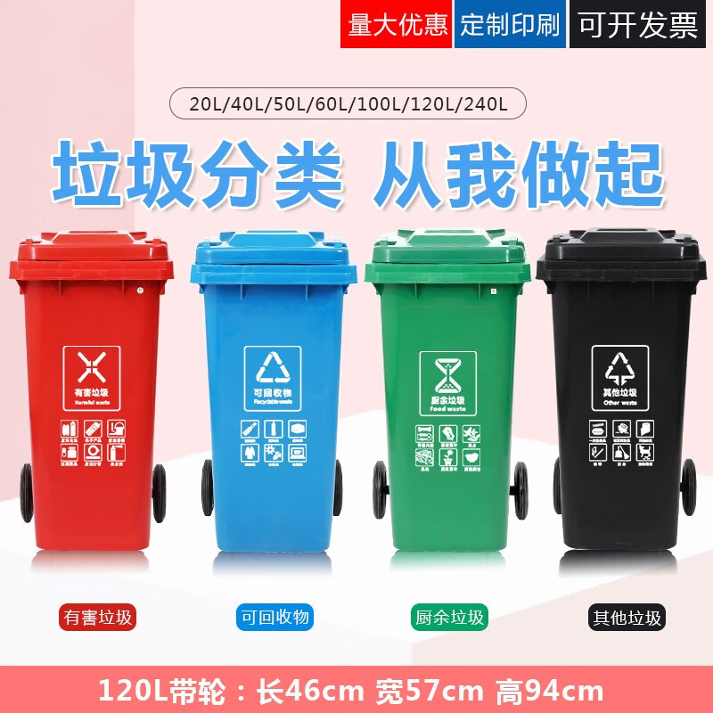 120L升240特大号四色塑料垃圾分类垃圾桶可回收厨余有害其它大型商用工业景区环卫酒店桶北京 120L带轮 灰色分类