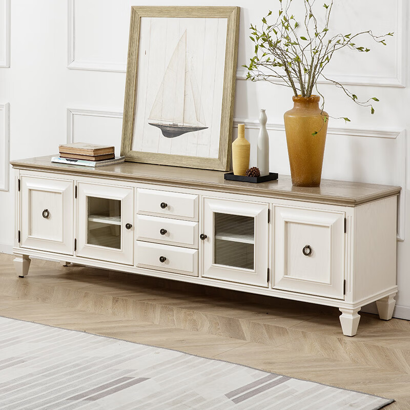 老酋长美式电视柜轻奢地中海纯实木家具双拼色加高客厅视听地柜轻奢