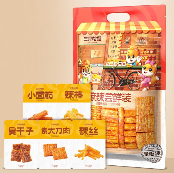 三只松鼠大礼包辣条零食375g老式辣片辣棒大刀肉特 量贩装辣条(30小包