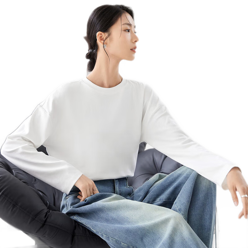 啄木鳥(niǎo)長(zhǎng)袖t恤女打底衫秋冬款純棉寬松休閑百搭正肩顯瘦上衣 白色 L