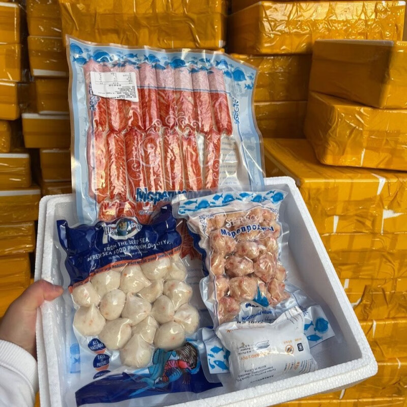 紅允俄羅斯帝王蟹蟹腿肉蟹肉棒熟凍開袋即食大蟹棒涮火鍋帝王蟹 蟹腿肉1斤+龍蝦球1斤+蟹籽包1斤