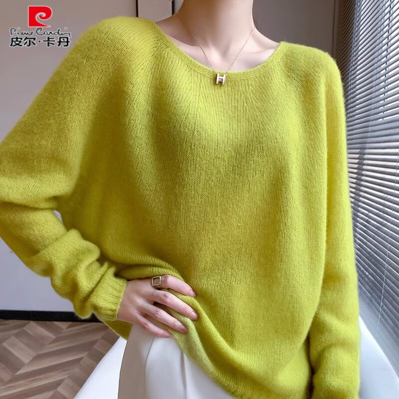 皮爾卡丹（pierre cardin）羊絨衫女100%山羊絨衫秋冬新款裝無(wú)縫一字領(lǐng)寬松慵懶風(fēng)洋氣毛衣百 黃色 M 【90-100斤】