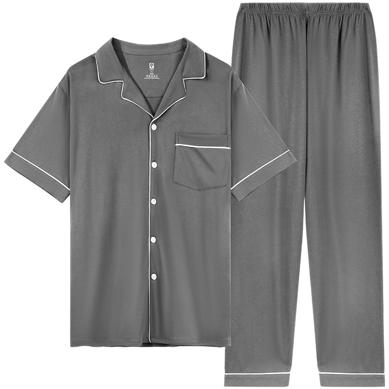 XSHARK鲨鱼 男士睡衣夏季大码短袖长裤薄款休闲简约家居服套装 浅灰色 2XL