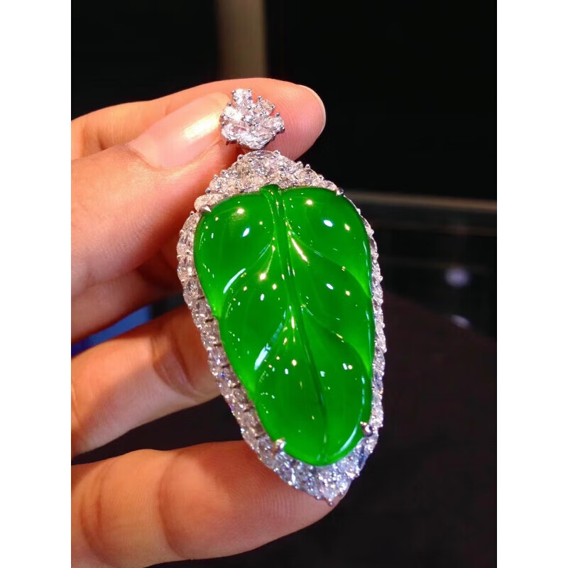 绿吊坠缅甸正冰翡翠满绿叶子女s925镶嵌金枝玉叶