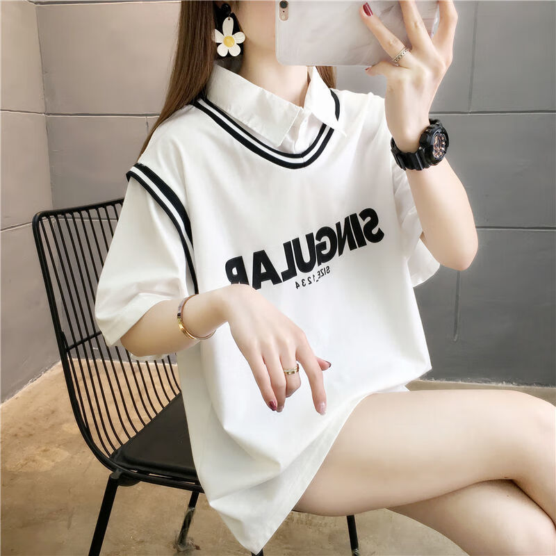 lanweifeilei小清新假两件polo领短袖t恤女夏装新款宽松学生半袖上衣