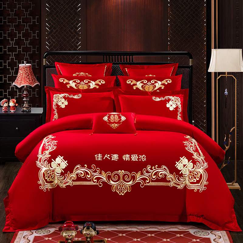 纯棉大红婚庆床上四件套全棉中国风结婚用中式床品多件套床单被套 佳人情浓 1.5m/1.8m床四件套