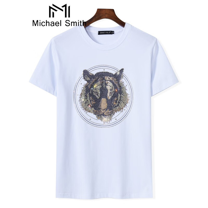 迈克史密斯新款短袖t恤男潮牌社会男女情侣装烫钻重工镶钻老虎头半袖