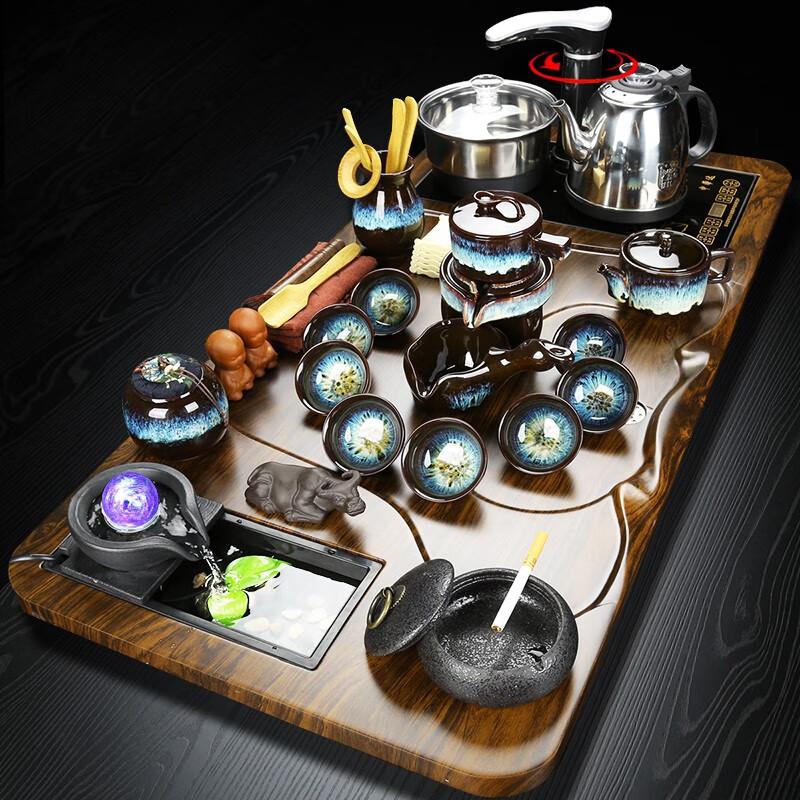 尚帝（shangdi）茶具套装家用流水茶盘陶瓷茶杯茶壶办公会客现代简约茶台 大平板黑檀色石磨窑变自动茶具