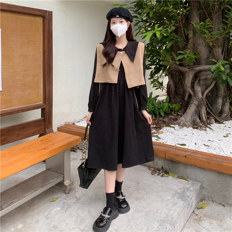 榄橙大码胖妹妹韩版宽松显瘦两件套连衣裙女秋冬装法式感过膝长裙
