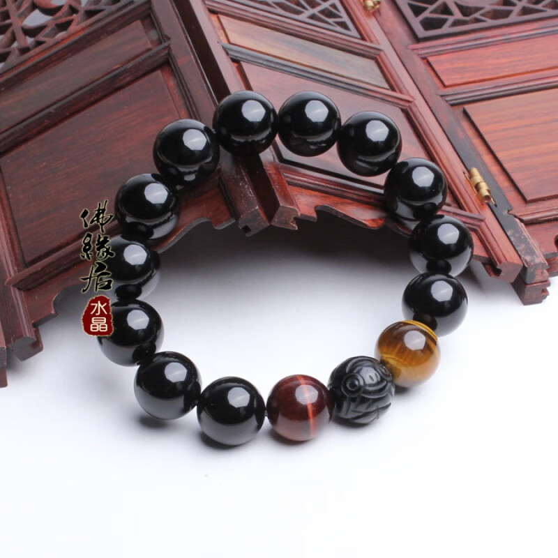 歌盼 天然乌鸦血石貔貅手链 男女款黑水晶饰品手串 16mm珠子配红黄虎