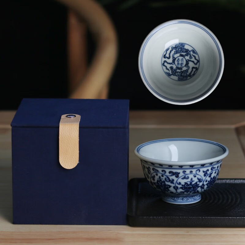 御嘉斋景德镇茶具柴窑仿古明永乐青花缠枝莲压手杯手绘仿古茶杯高档礼物 1:1复刻纯手工双狮款