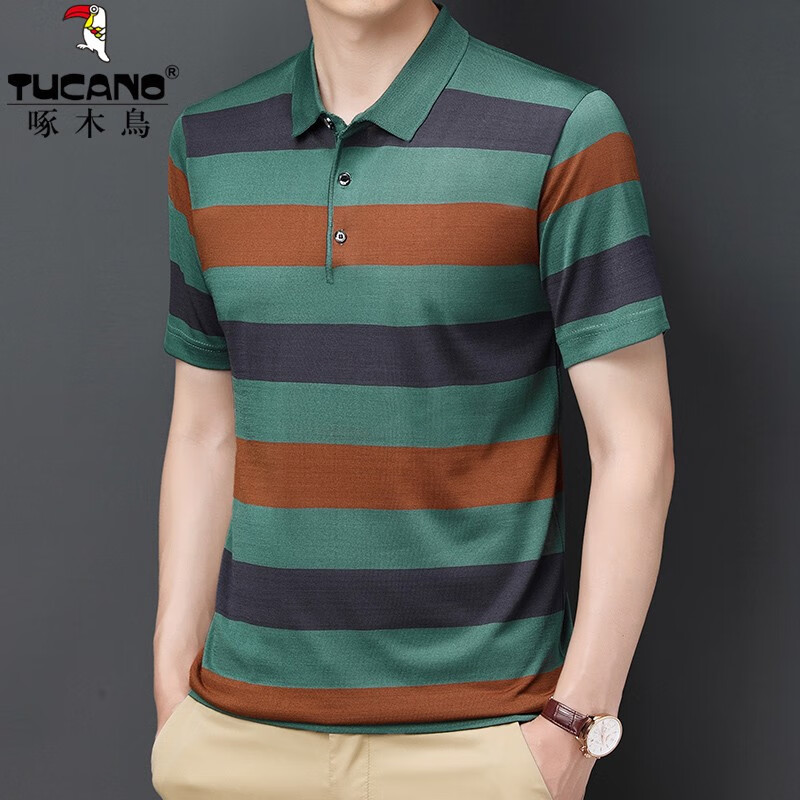 啄木鸟（TUCANO）针织短袖t恤男条纹Polo领体恤衫夏季中青年宽松薄款爸爸装男上衣 819黄色 190/4XL推荐180-200斤穿