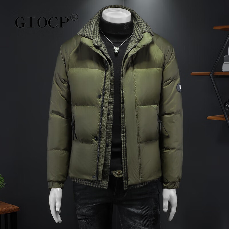 GIOCP香港潮牌冬季新款假两件羽绒服男士冬季新款设计感拼接加厚外套男 绿色 M
