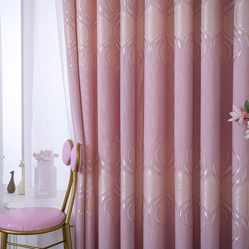 窗帘成品客厅卧室阳台飘窗窗帘遮光出租房简约加厚提花遮光布 黄金叶-粉色【打孔款】 宽3.0米*高2.7米 一片