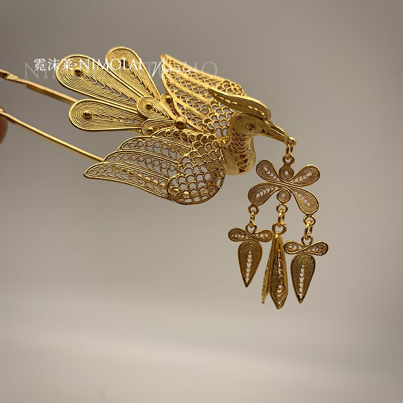 莆阳衍派金凤钗婚嫁传承流苏金步摇礼物 古风汉服新娘中式婚 銀本色款