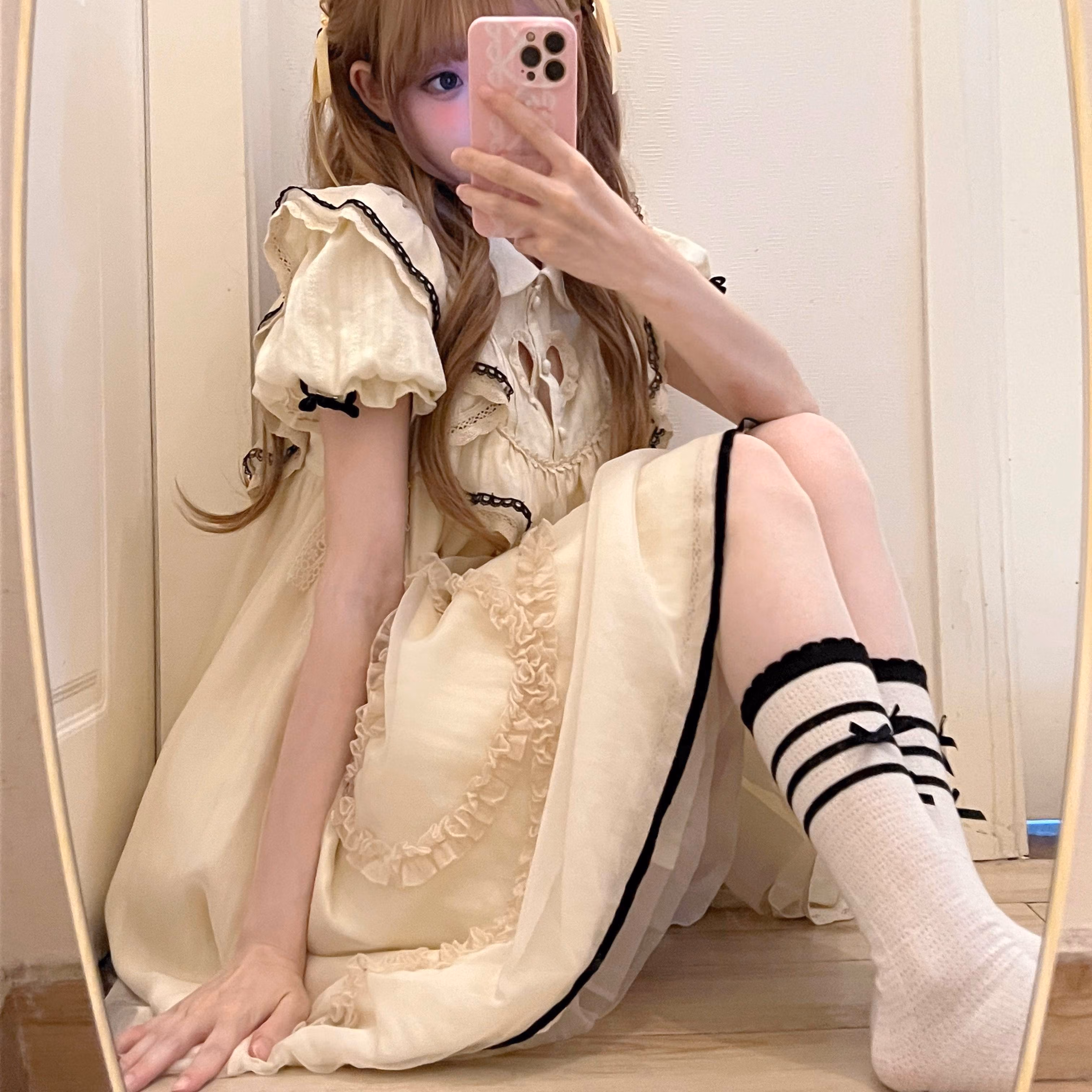 罗集(luoji)白月光清少女长裙子到脚踝可爱甜美奶杏色连衣裙女学生夏