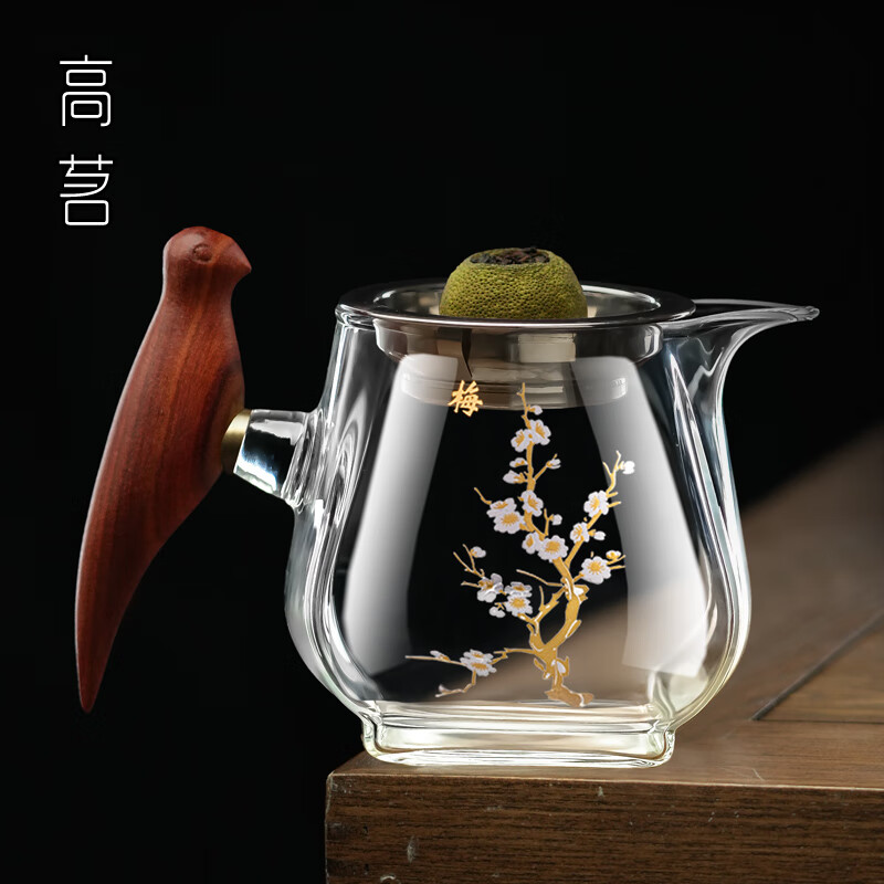 高茗（gaoming）加厚木把玻璃公道杯耐热茶漏茶滤套装日式茶海过滤分茶器茶具配件 雀梅公杯+不锈钢茶虑【360ml】