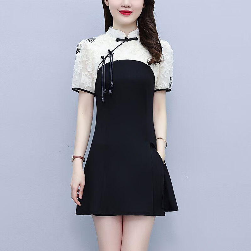 金彩潼星年轻款大码复古旗袍胖仙女女装2023夏新款改良洋气连衣裙