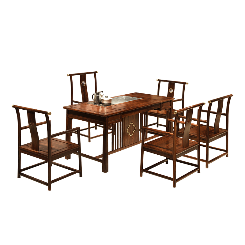 一舍 非国标红木东非酸枝(学名:古夷苏木)新中式茶桌椅组合实木茶台喝茶桌办公室泡茶几电磁炉一体 1.58M茶桌+5椅子