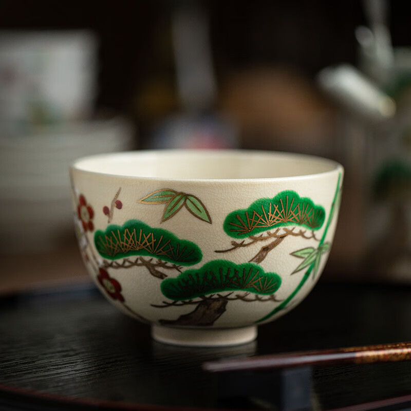同合日本进口西川贞三郎手作金彩松竹梅饭碗手绘描金轻奢陶瓷汤碗 金