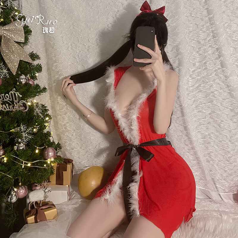 圣诞装情趣内衣网红抖音拍照开裆夫妻房激情深v毛绒领圣诞网纱透视