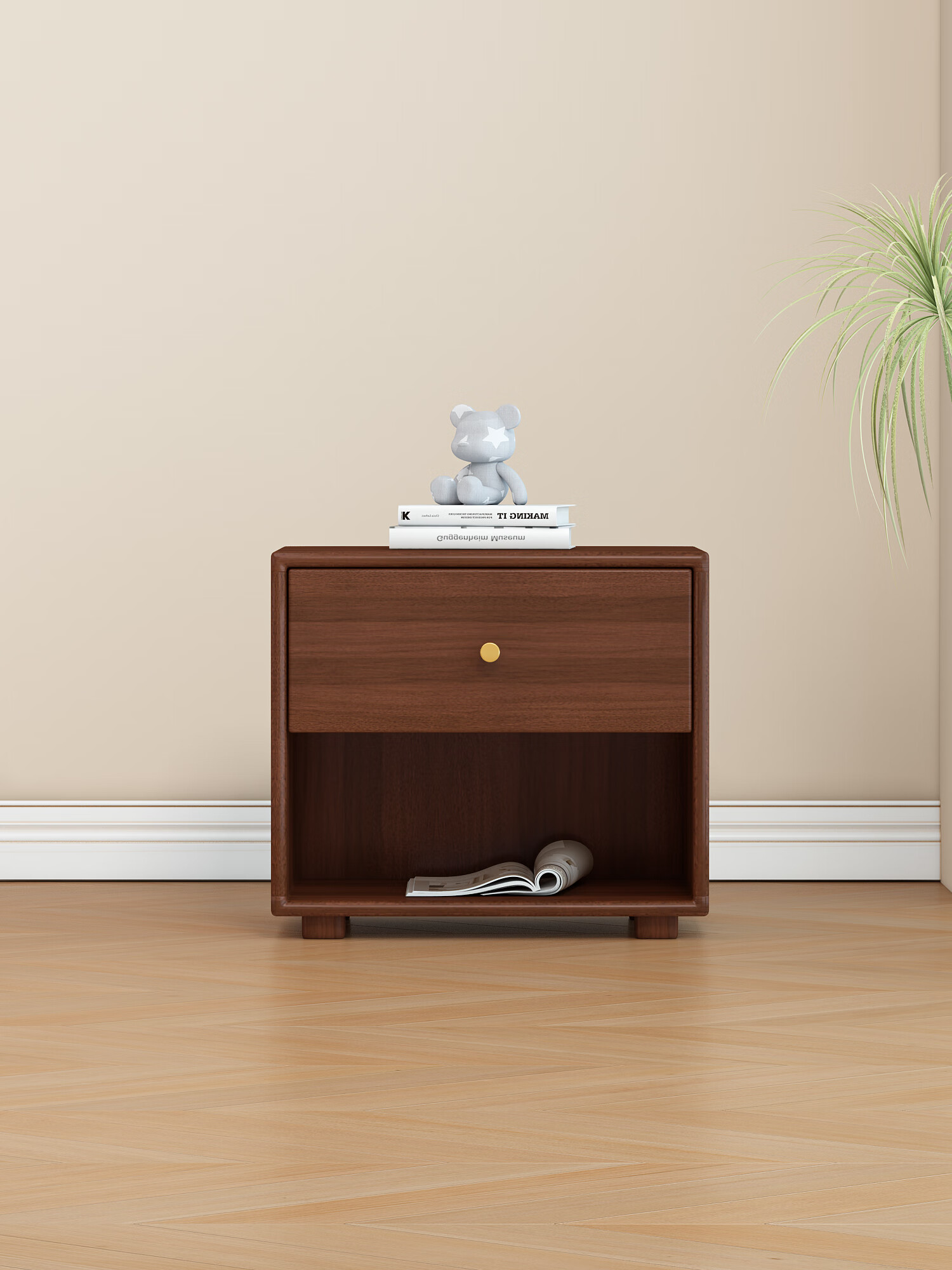 双抽高脚床头储物柜 北欧实木床头柜榉木卧室床边柜胡桃色日式现 胡桃