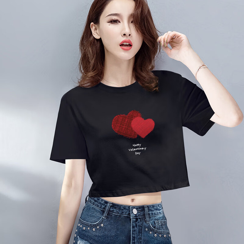 夏天露脐好搭配短裤热裤的短袖性感露脐短款t恤女宽松短袖圆领高 黑色