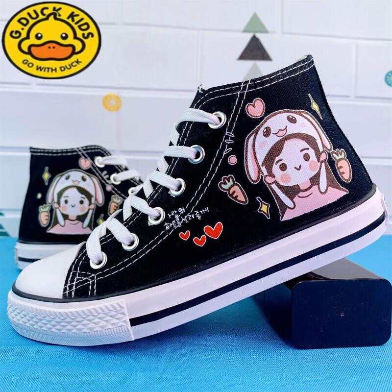 帆布鞋2023年春秋新款手绘卡通韩版女童布鞋中大童高帮 高帮简笔画1号