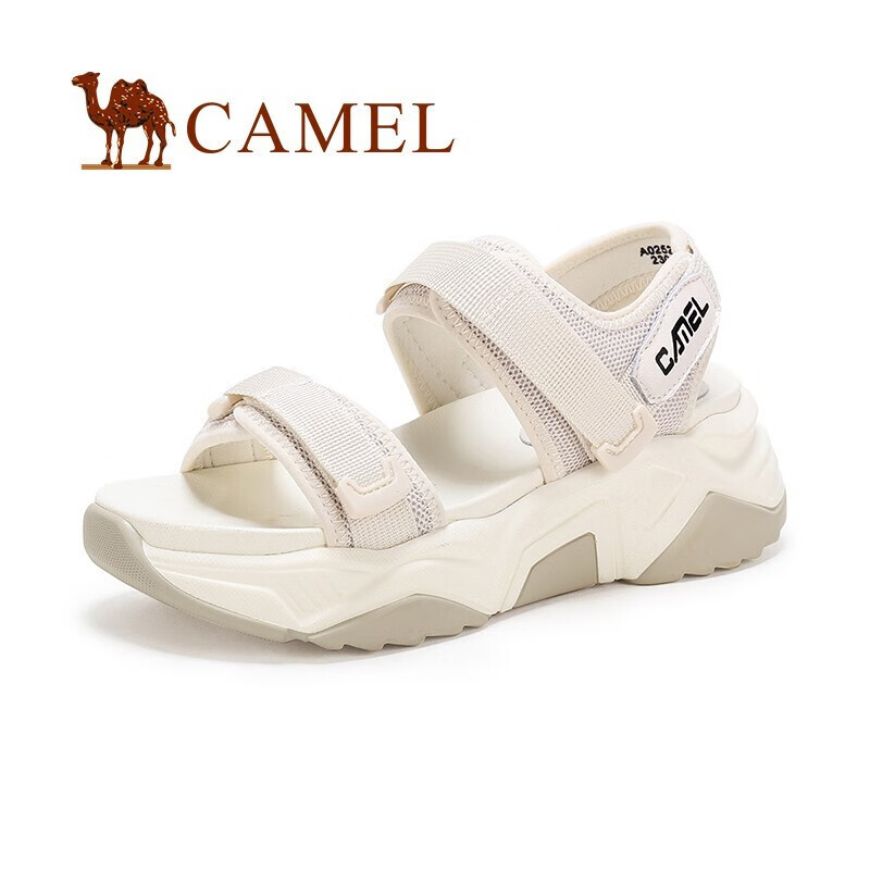 骆驼（CAMEL）女鞋夏季新款魔术贴运动凉鞋女厚底沙滩鞋女平底休闲鞋子 米色 40