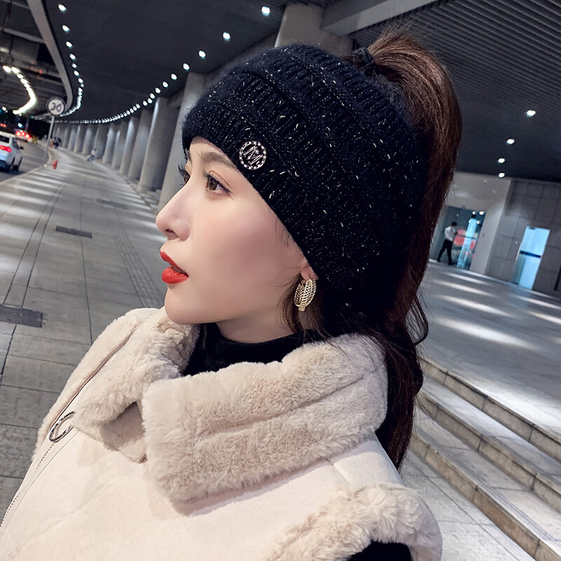 漏顶毛线帽女空顶帽子女冬季可扎马尾头巾帽秋冬加绒套头发带针织毛线