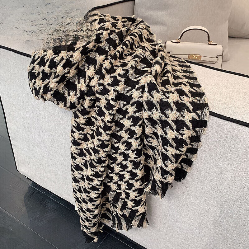 名品天成手工编织细卷千鸟格围巾女冬季外搭仿羊绒披肩两用秋保暖格子