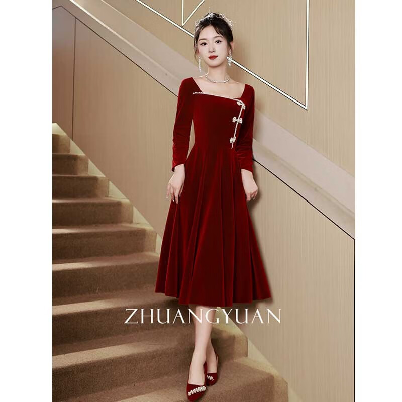 塞德勒敬酒服新娘酒红色2023秋冬季新款订结婚礼服裙女平时可穿高端 酒红色 M (建议96-105斤)怎么看?