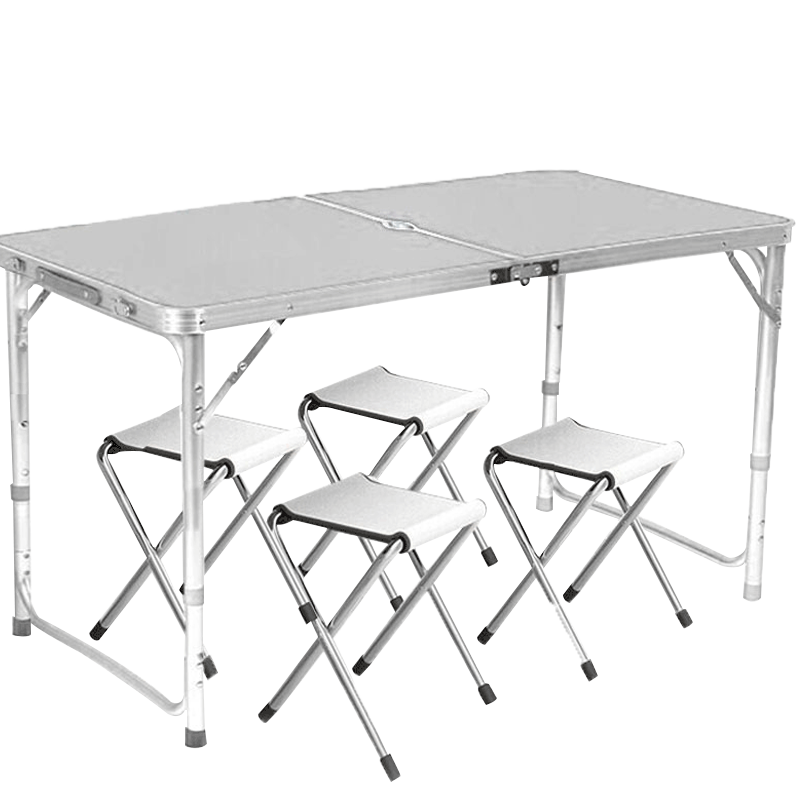 工来工往折叠桌户外桌椅折叠桌子户外野餐桌烧烤露营桌椅庭院休闲便携桌椅阳台桌子带折叠椅马扎 白色圆管折叠桌一桌四凳【三档调节高度可到70cm】