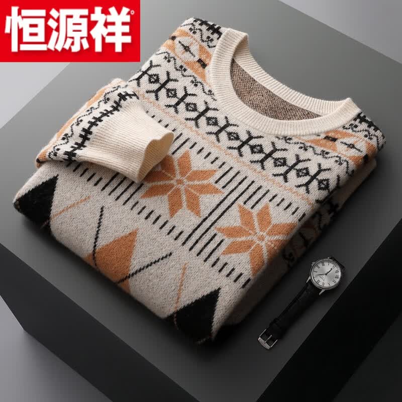 恒源祥秋冬纯羊绒衫男手工费尔岛提花毛衣圆领套头针织衫青年打底衫 米棕色 M【120-140斤】使用感如何?