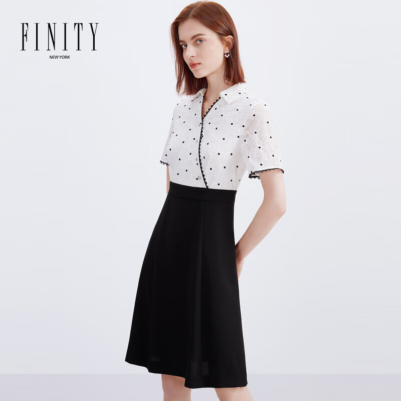 finity夏季新款雪纺绣花连衣裙设计感气质拼接中长款裙子女 白色 s