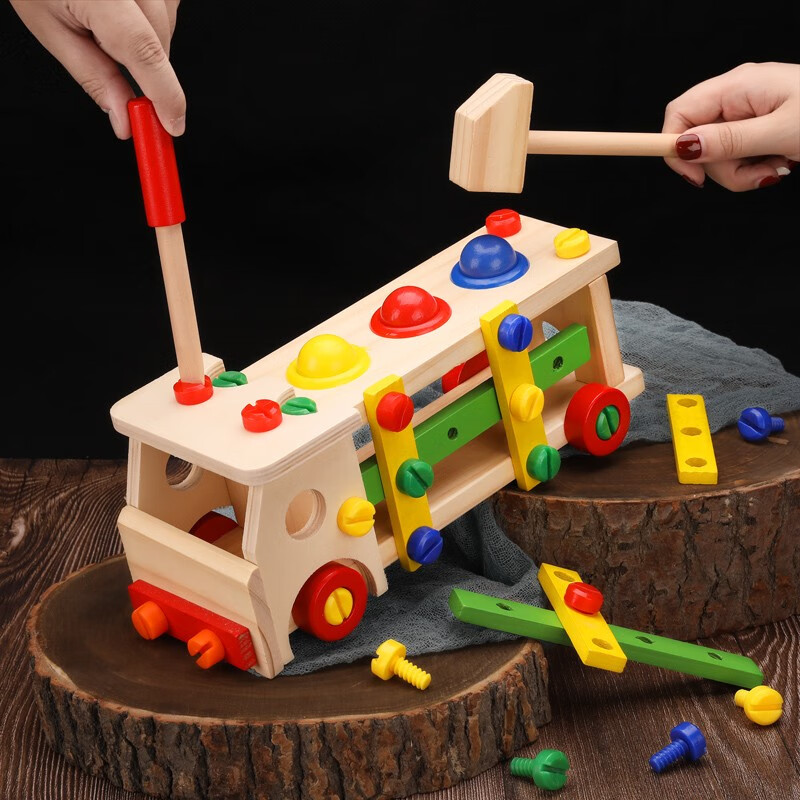 木丸子（MWZ）儿童拆装工程车玩具木质螺母敲球螺丝车男女宝宝生日礼物3-4-5岁 拆装工程车