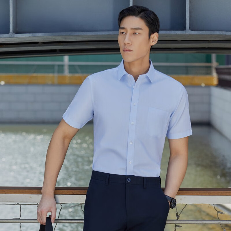 雅戈尔衬衫男春夏【纯棉DP免烫】胸口口袋易打理短袖衣服半袖工作服正装 浅蓝色 40