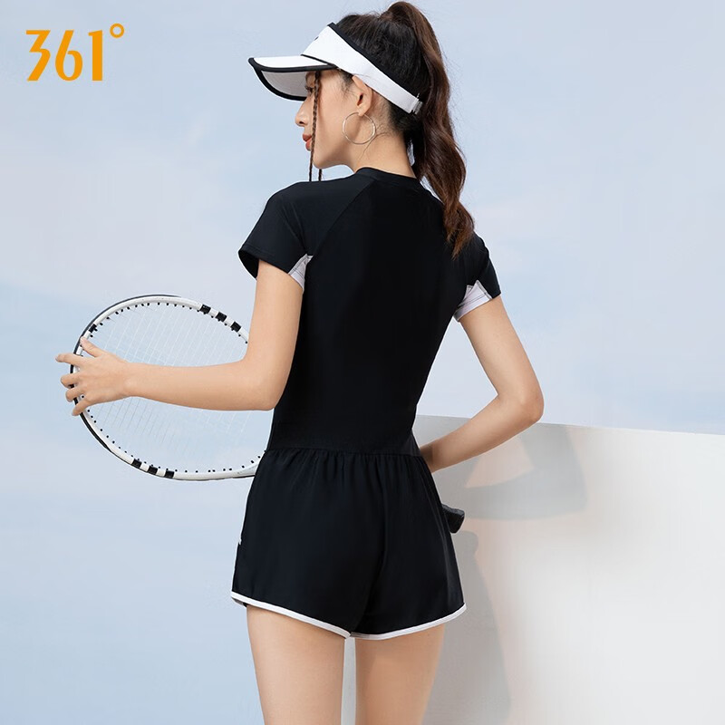 361°游泳衣女款连体泳衣2025新款保守遮肚显瘦平角高级感泡温泉泳装 黑色三件套（泳衣＋泳镜＋泳帽） M 身高155-160cm体重40-49kg