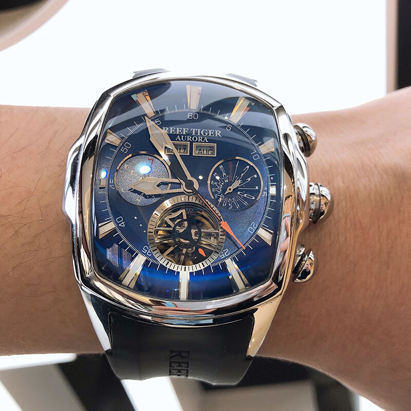 瑞夫泰格(reef  tiger) 手表男机械表时尚桶型男士手表防水夜光全自动