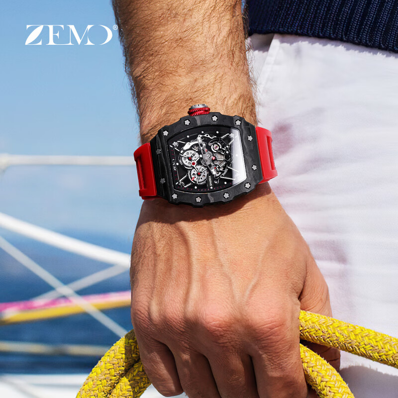 ZEMO男士手表十大品牌名牌表查理德镂空全自动机械表瑞士米勒高端男表 黑红橡胶带 超轻耐磨碳纤维