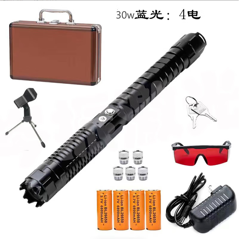 鼎錱20W超强充电强光手电筒激光灯远射蓝光大功率镭射航海指星笔防身 30w铝盒-8-电【送支架】