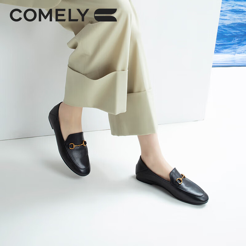 康莉（COMELY）乐福鞋女牛/羊皮平底一脚蹬单鞋圆头小皮鞋 黑色 39