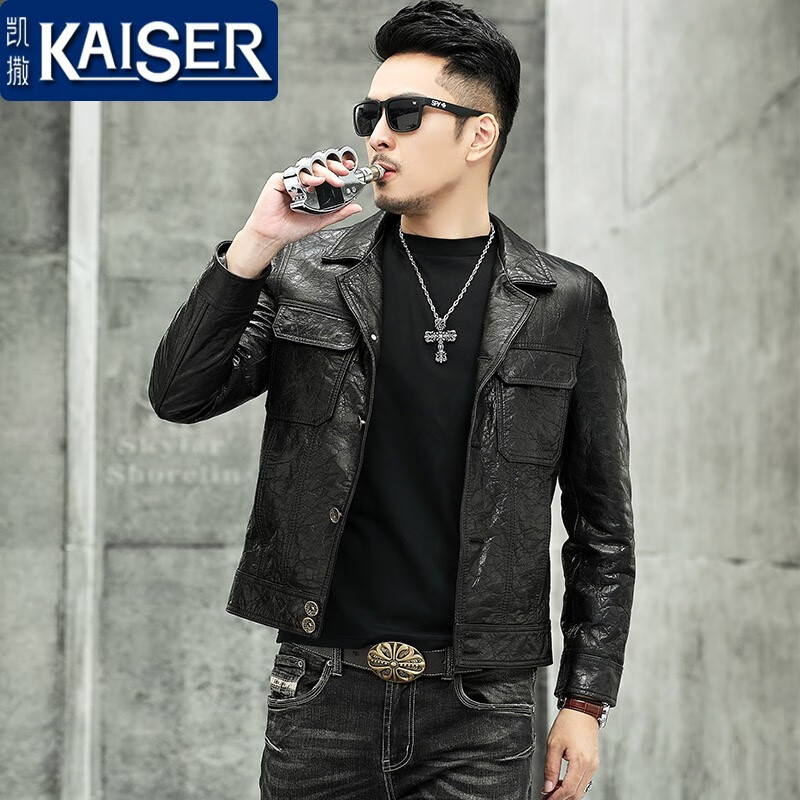 凯撒（KAISER）男士皮衣 海宁头层油蜡小牛皮真皮夹克短款修身韩版西装领外套潮 黑色 165/M 适合体重95-110斤
