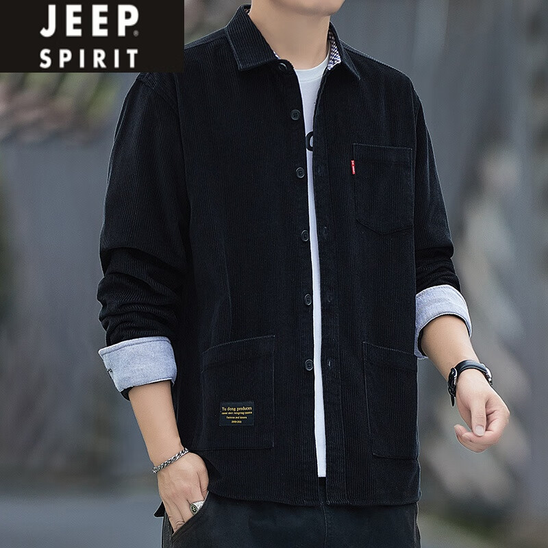 JEEP SPIRIT重磅新款纯棉灯芯绒长袖衬衫男士秋冬款港风工装全棉衬衣外套大码 黑色(三口袋) C608 M (建议95-115斤)