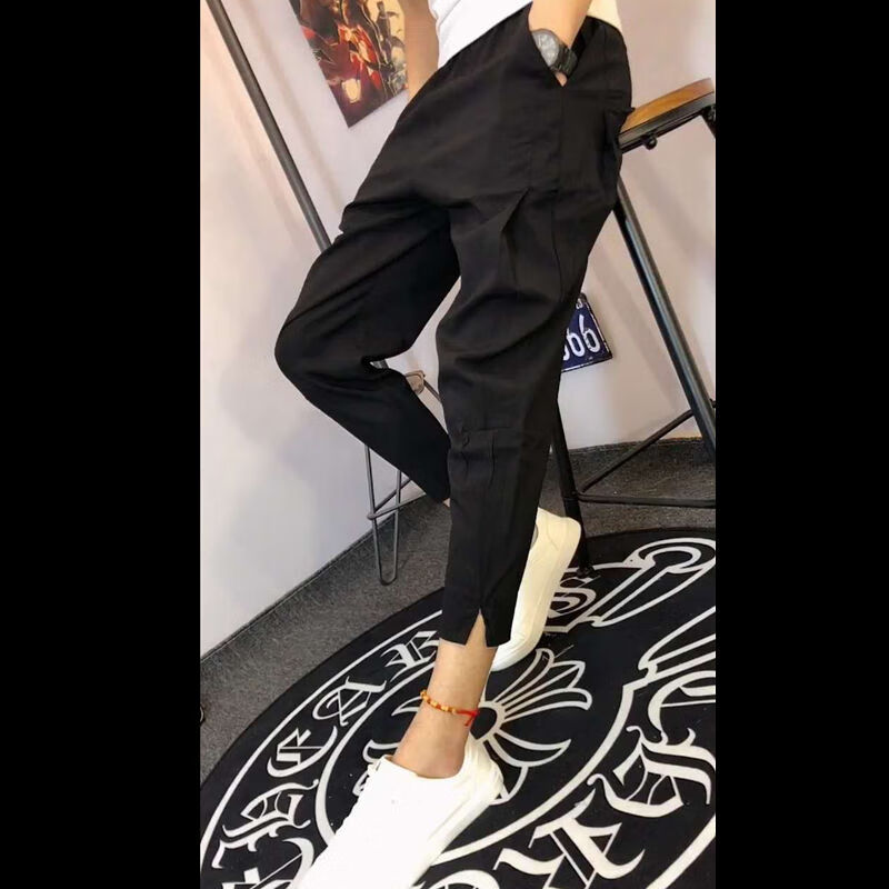 芒喆150矮个子男生160显高小个子穿的裤子开叉裤子男夏季薄款纯黑休闲