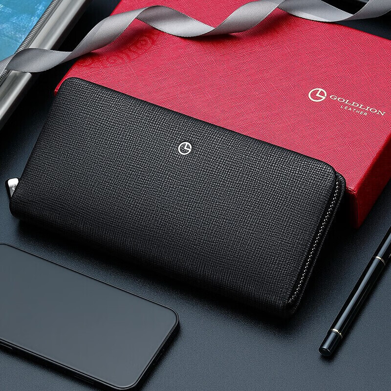 金利来商务男士长款拉链钱夹休闲大容量潮流皮夹青年手拿包FA803007-111黑 生日礼物送礼送爸爸老公男友